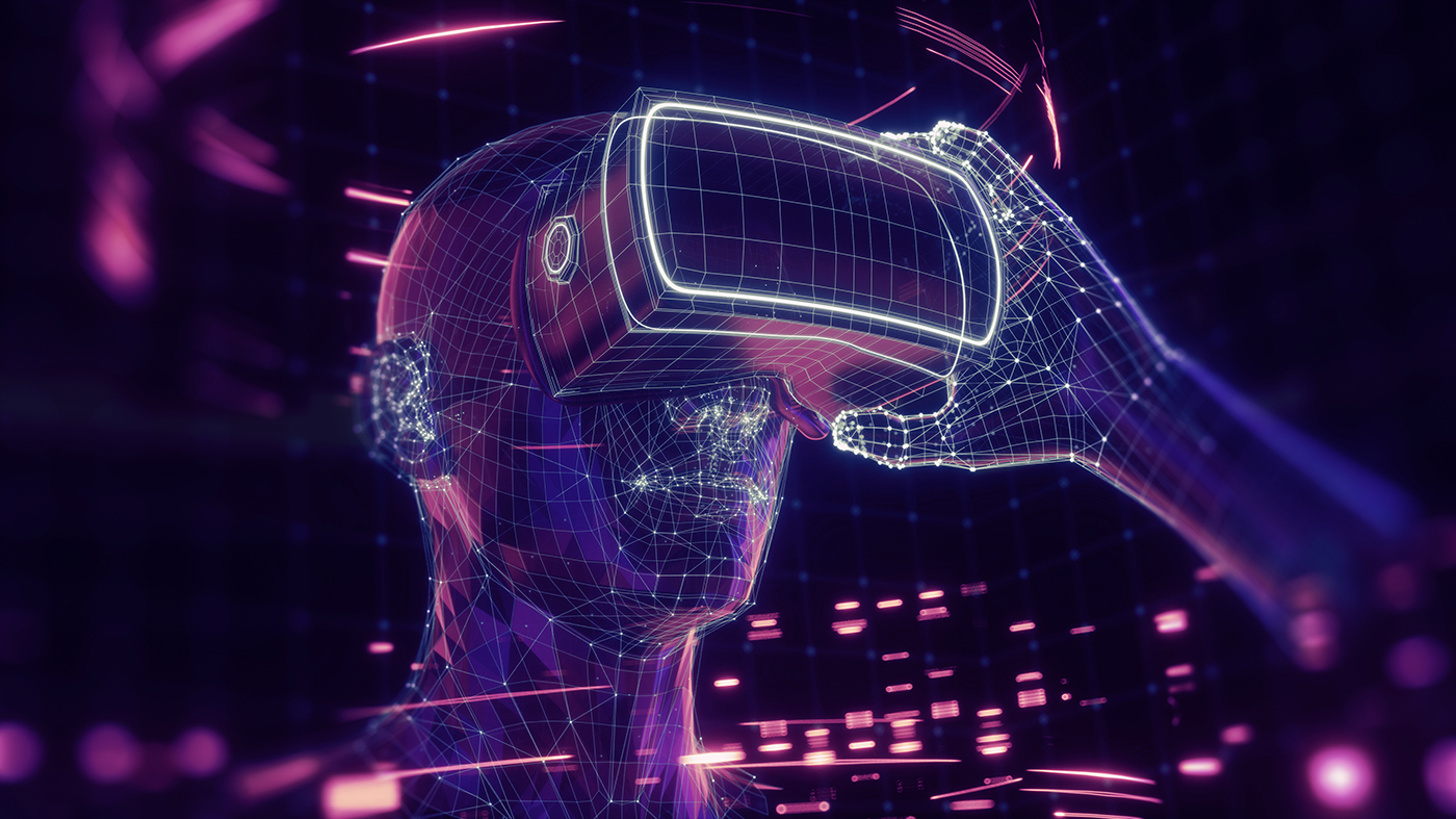 Stay tuned for the BlahFace Metaverse World... 3D render of virtual man holding virtual reality glasses surrounded by virtual data with neon ultraviolet lines. Player begins the VR game. VR experience.