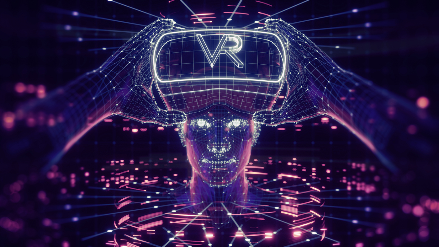 Stay tuned for the BlahFace Metaverse World... 3D render, visualization of a man wearing virtual reality glasses, electronic head device, avatar, virtual data, ultraviolet grid, neon light. User interface. Player one ready for the game.