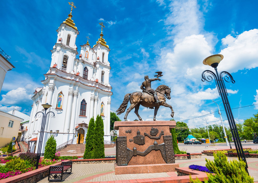 Resurrection Church and equestrian statue in Vitebsk, Belarus.