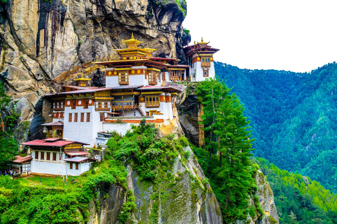 Tiger's Nest Monastery, a sacred Bhutanese landmark, perched on a mountain cliff.