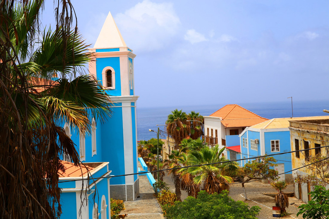 Colorful church on remote Fogo Island, Sao Felipe, Cabo Verde, Africa, radiates beauty.