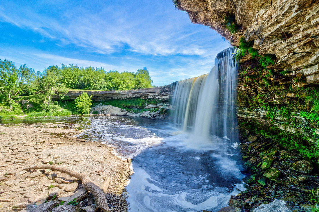 Topic is Travel Destination to Estonia. Jagala Waterfall in the Northern side of Estonia on a beautiful, sunny day.