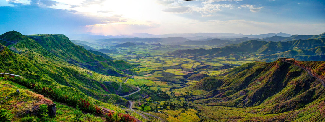 Topic is Travel Destination to Ethiopia. Aerial panorama of Semien Mountains and valley around Lalibela in Ethiopia.