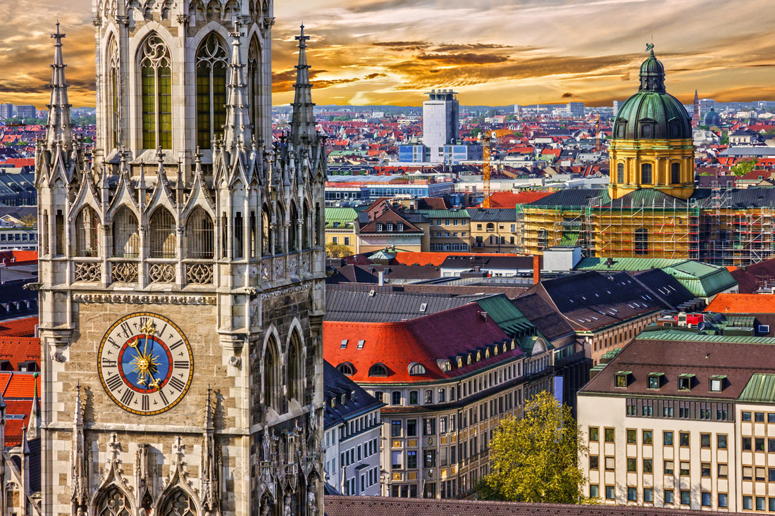 Topic is Travel Destination to German. Munich architectural sunset view, Germany, Bavaria, Marienplatz Town Hall