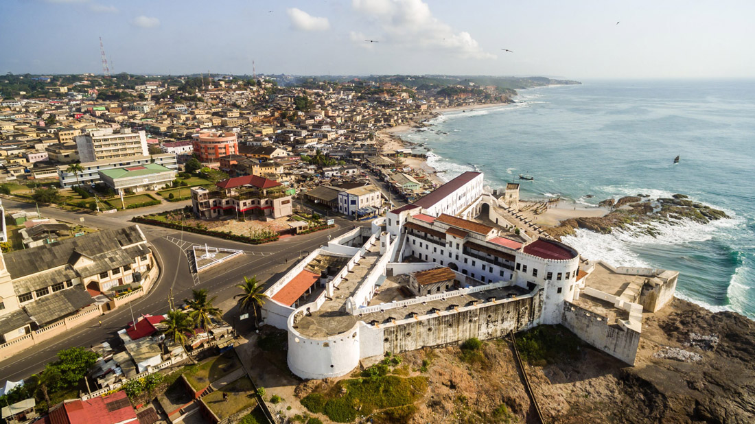 Topic is Travel Destination to Ghana. Cape Coast Town, Ancient Slave Castle in Ghana, West Africa