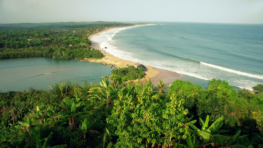 Topic is Travel Destination to Ghana. Ghana coastline at Butre Beach