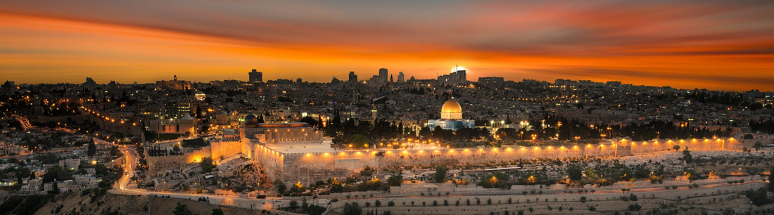 Topic is Travel Destination to Israel. View to Jerusalem, Old City, at sunset in Israel.