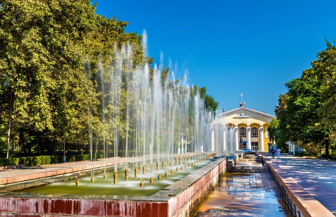 Topic is Travel Destination to Kyrgyzstan. Fountains at the Valley of Youth in Bishkek, the Capital of Kyrgyzstan.