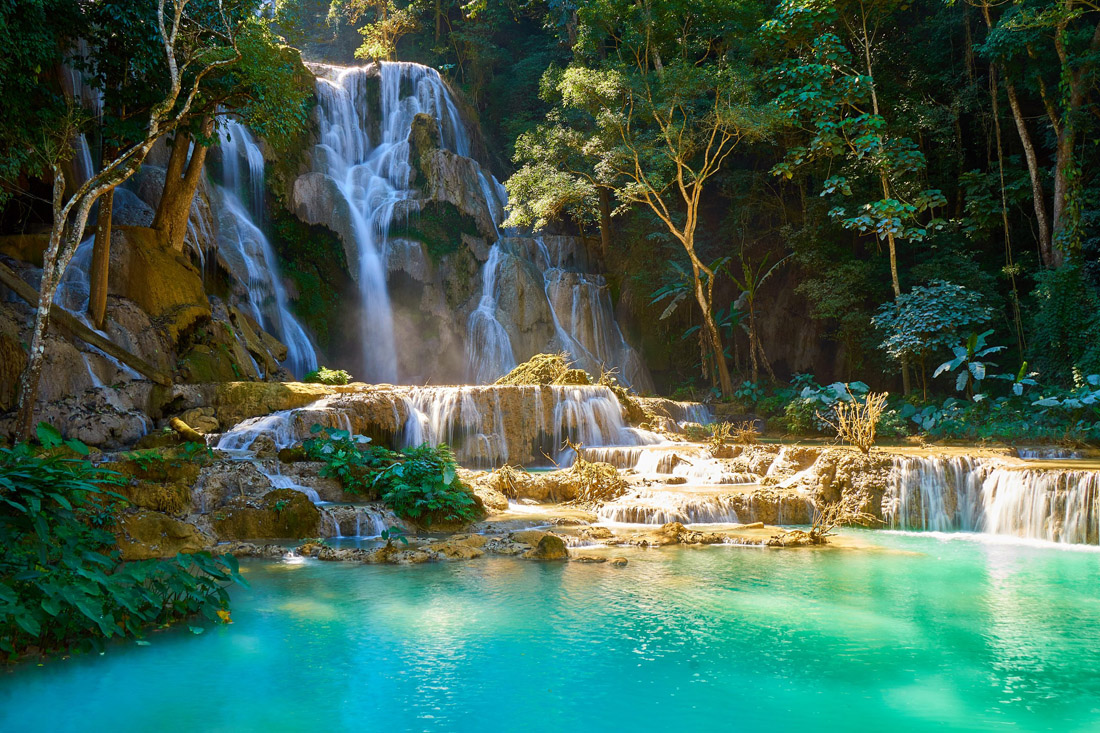 Topic is Travel Destination to Laos. Kuang Si Waterfalls in Luang Probang, Laos.
