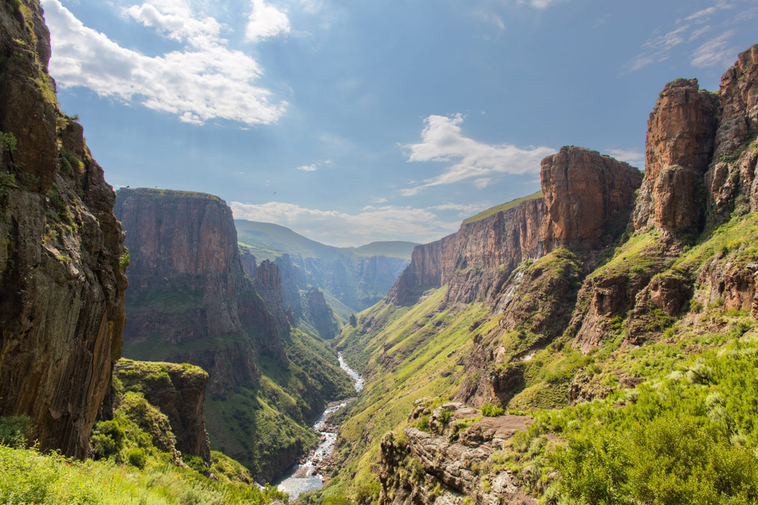 Topic is Travel Destination to Lesotho. Landscape view of stunning Maletsunyane River Valley, Lesotho.