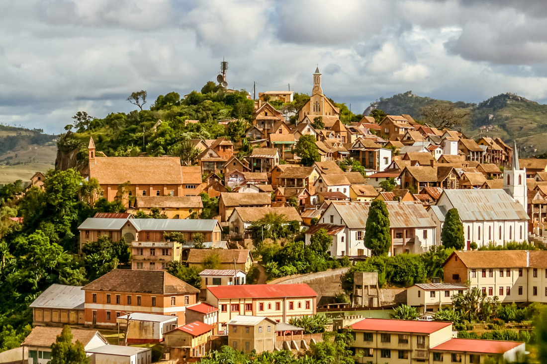 Topic is Travel Destination to Madagascar. The old town of Fianarantsoa, Madagascar Highlands.