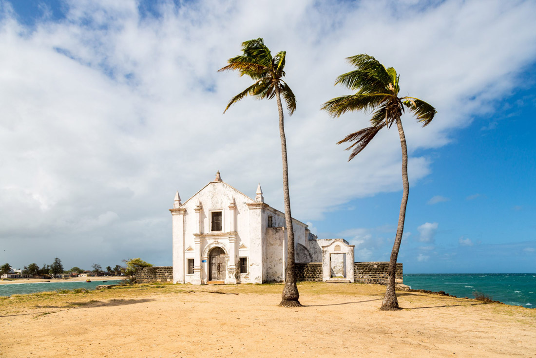 Topic is Travel Destination to Mozambique. Church and Fortress of San Antonio on Mozambique Island.