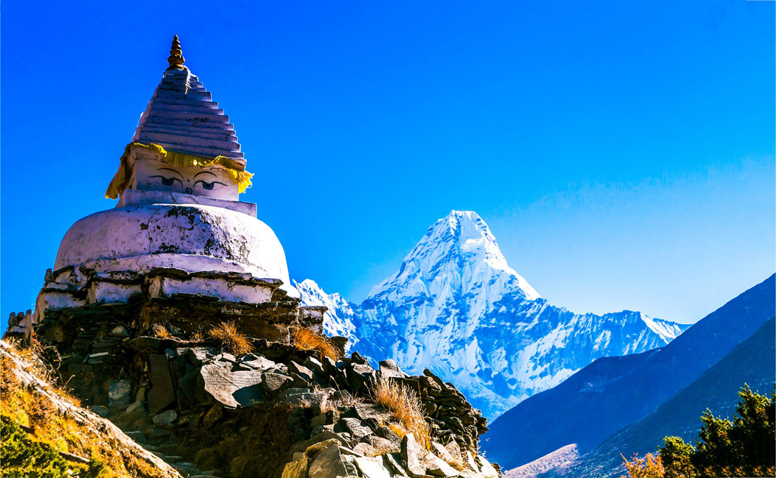 Topic is Travel Destination to Nepal. Topic is Travel Destination to Nepal. Photograph of Ama Dablam Mountain Temple in Nepal.
