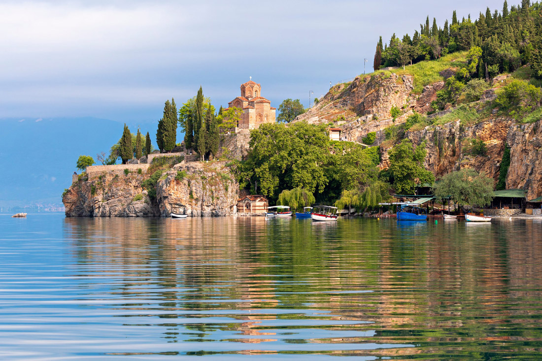 Topic is Travel Destination to North Macedonia. Church of St. John on The Lake Ohrid, in North Macedonia.