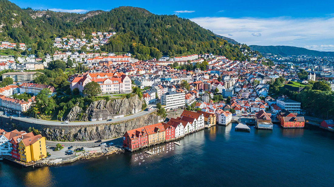 Topic is travel destination to Norway. Photograph of Bergen Old town aerial view, Bergen, Norway.