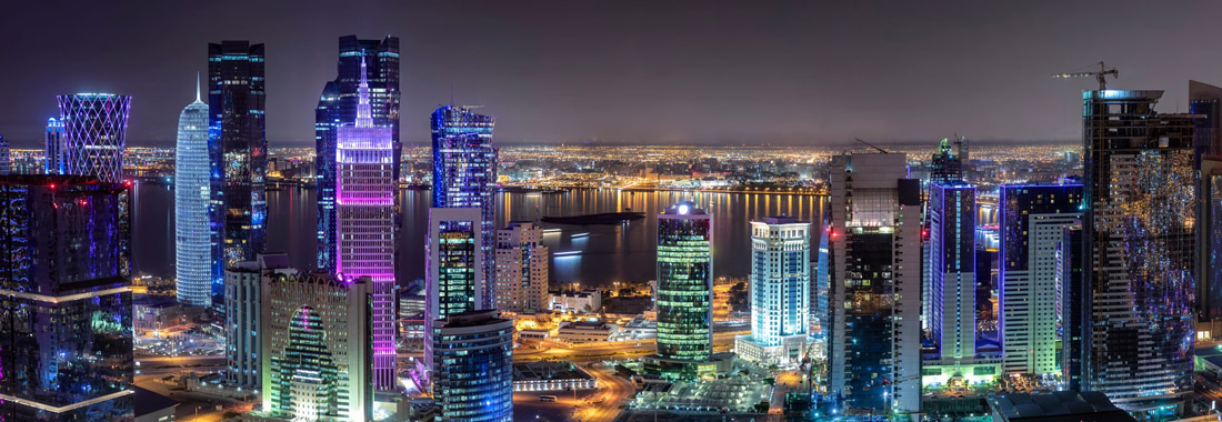Topic is Travel Destination to Qatar. Panoramic view to the modern skyline of the city center, Qatar.