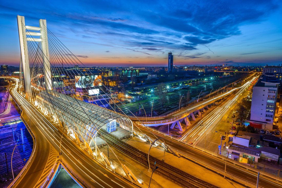 Topic is Travel Destination to Romania. High top view on the beautiful Basarab Bridge, Romania.