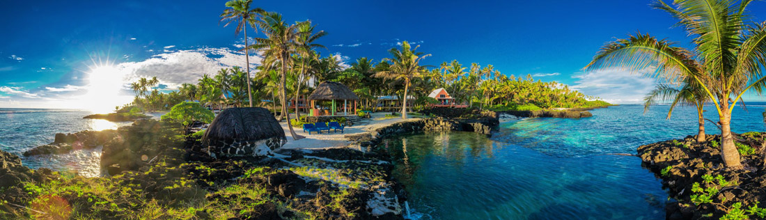 Topic is Travel Destination to Samoa. Panoramic paradise holiday location with coral reef and palm trees in Samoa.