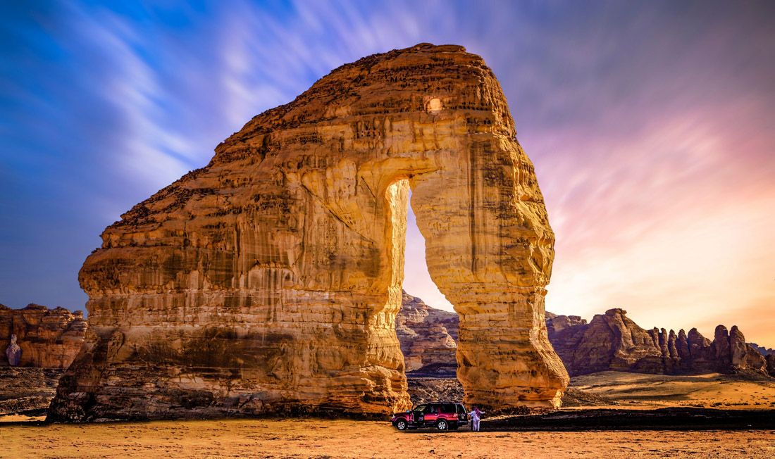 Topic is travel destination to Saudi Arabia and beautiful places, like this Elephant Rock.