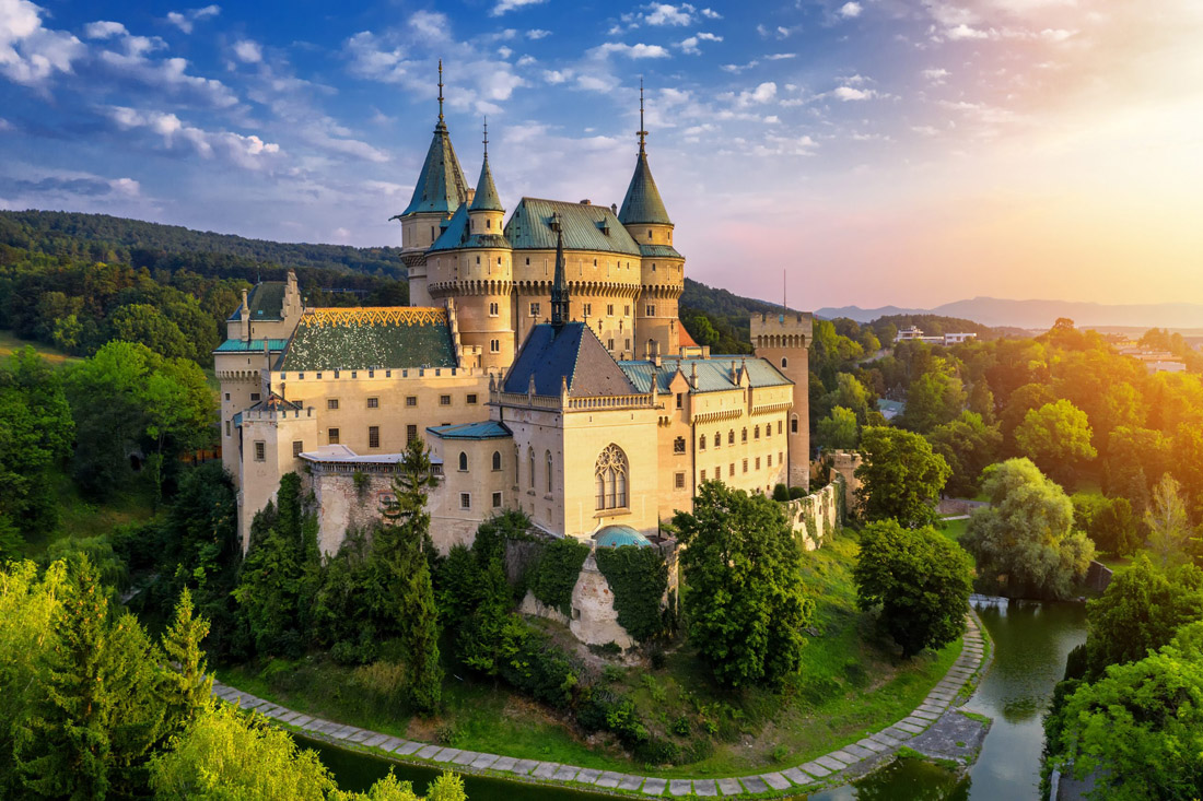 Topic is Travel Destination to Slovakia. Aerial view of Bojnice, Medieval Castle.