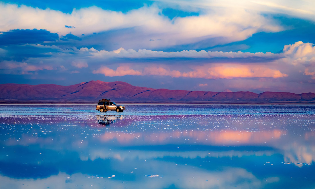 Vast expanse of Bolivia's Salar de Uyuni, the world's largest salt flat, studded with cacti and pink flamingos.