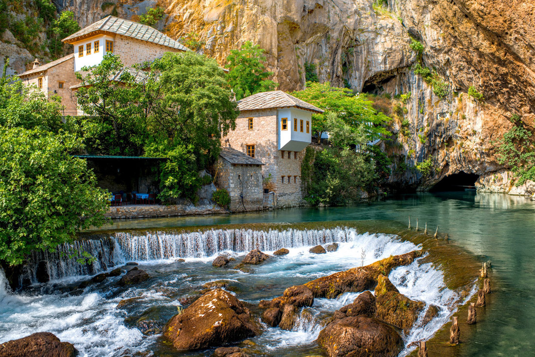 Blagaj Village: A serene oasis at Buna Spring and Waterfall in Bosnia and Herzegovina.