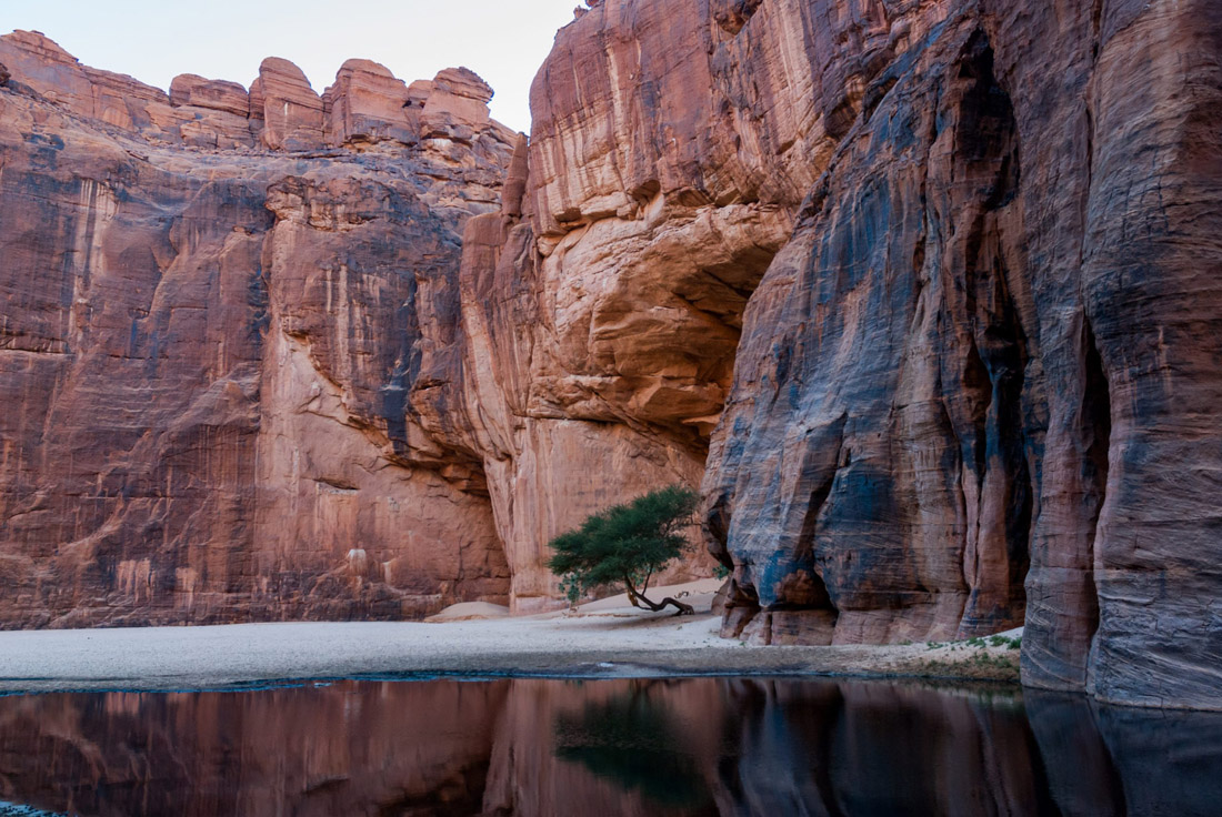 Guelta d'Archei, a vibrant waterhole oasis nestled in Chad's Ennedi Plateau.