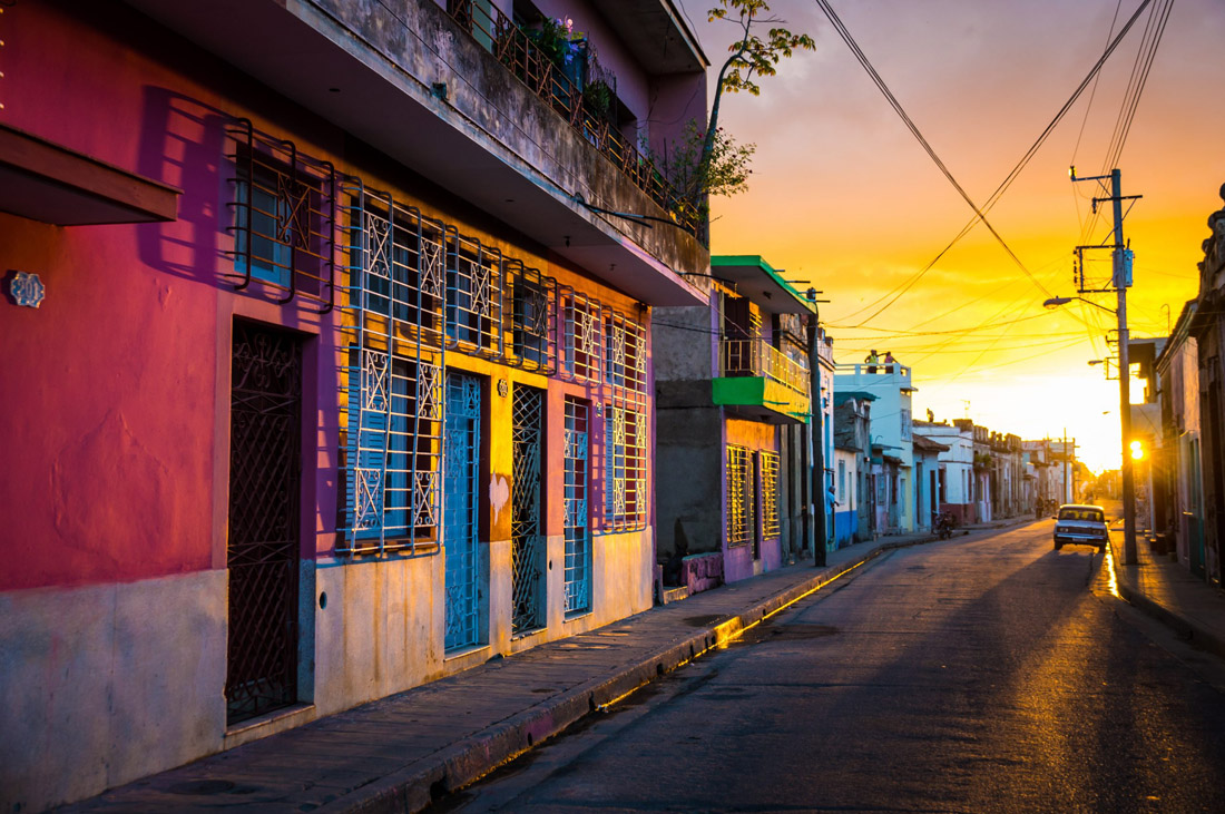 Warm sunset over the heritage city center of Camaguey, Cuba.