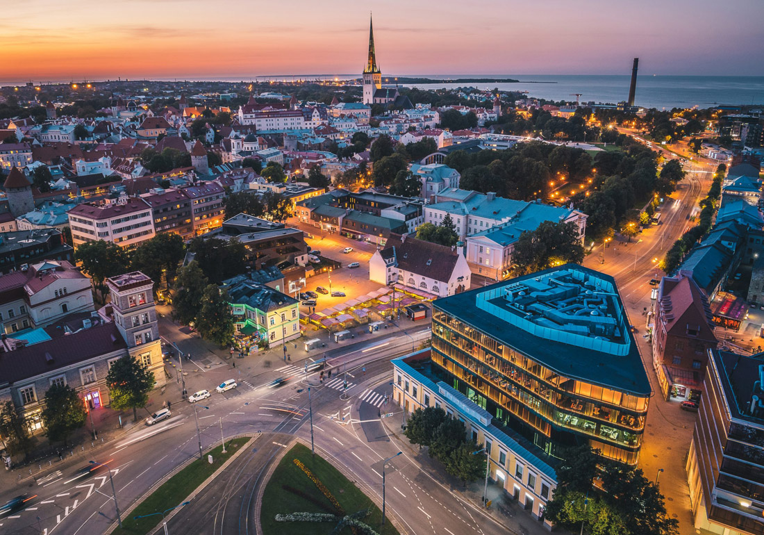 Sunset view of Tallinn Old Town with Baltic Sea backdrop, Estonia