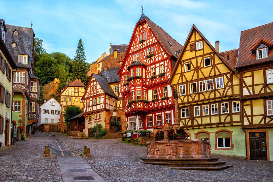 Vibrant half-timbered houses adorning Miltenberg's medieval Old Town, Bavaria, Germany