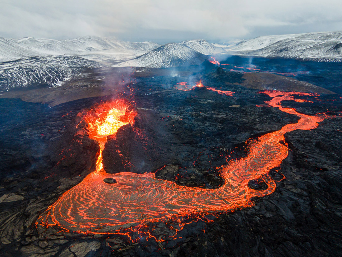 Aerial view of active lava flows on Mount Fagradalsfjall, Iceland.
