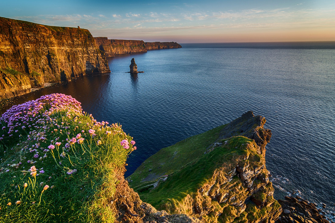 Cliffs of Moher and castle in Ireland's picturesque County Clare.