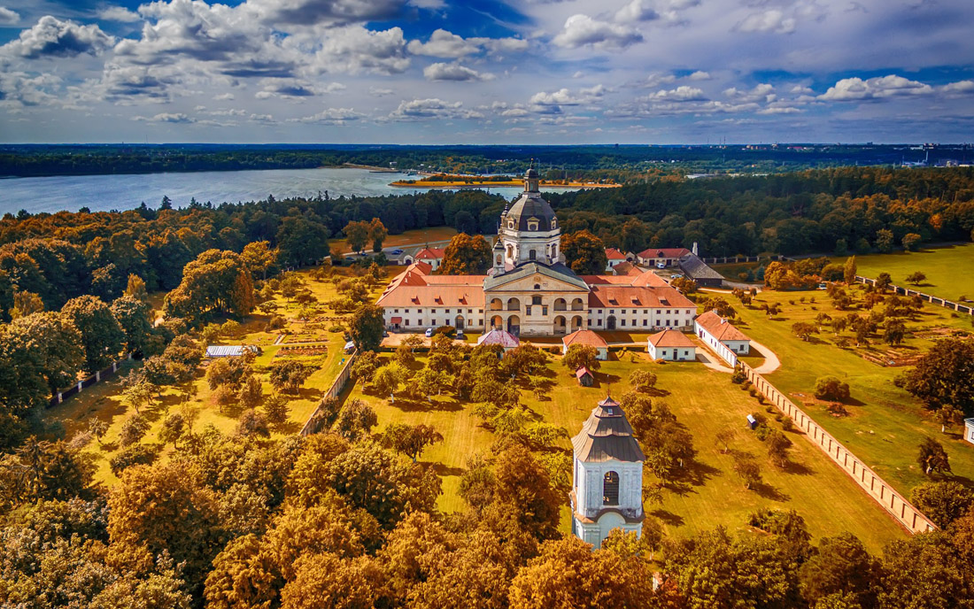 Pazaislis Monastery and Church in Kaunas, Lithuania, nestled on a summer peninsula in Kaunas Reservoir.