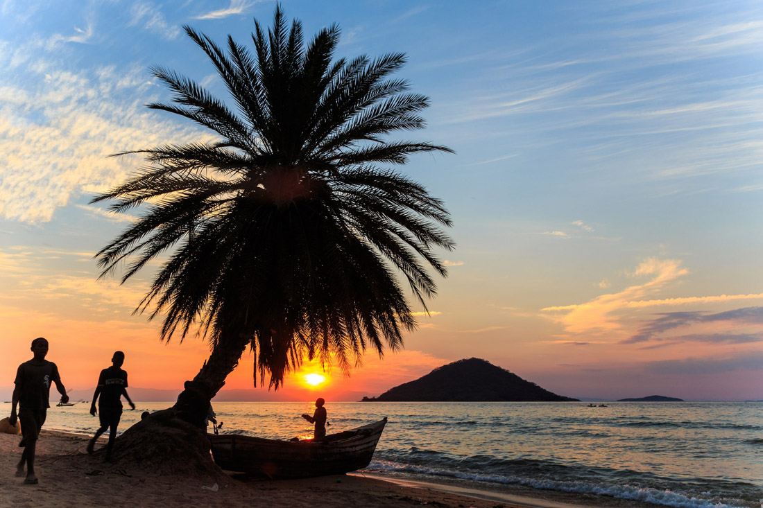 Serene sunset setting with palm tree and boat gracing the beach in Malawi.