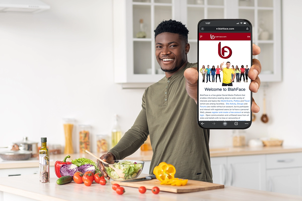 BlahFace.com, welcome to our social media platform. Uniting people online. Glad you found us. Discussion forums and vast areas of interests with simplified site structure. Handsome African American Guy recommending BlahFace social media platform on his mobile for healthy nutrition and weight, food group or forums.