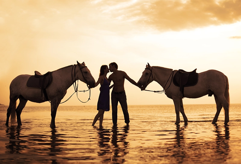 Romantic couple at sunset in the sea, accompanied by two majestic horses.
