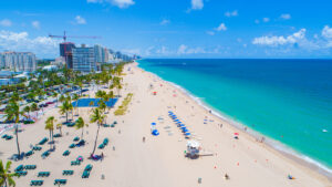 Aerial view of luxurious beach on a sunny day in Fort Lauderdale, Florida