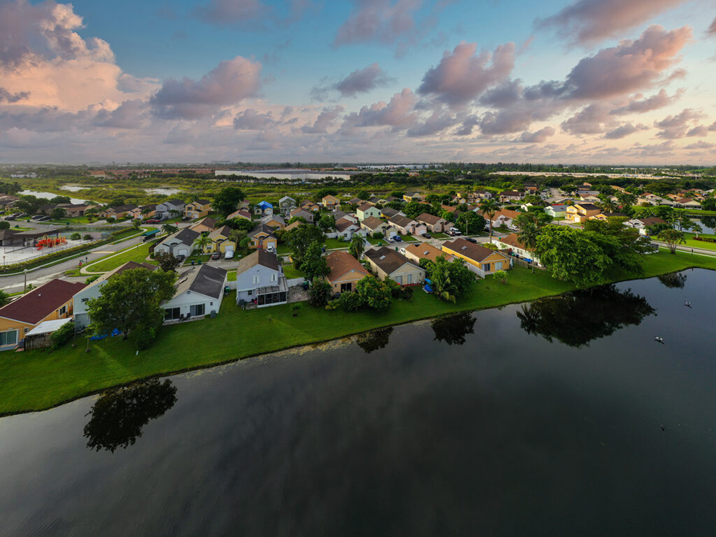 Topic is Travel Destination to Miramar, Florida. Aerial photo residential neighborhoods in beautiful Miramar Florida USA