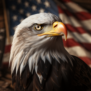 The Bald Eagle was chosen as the national bird of the United States in 1782, symbolizing strength, courage, freedom, and immortality. Its image alongside the U.S. flag reinforces themes of liberty and patriotism.