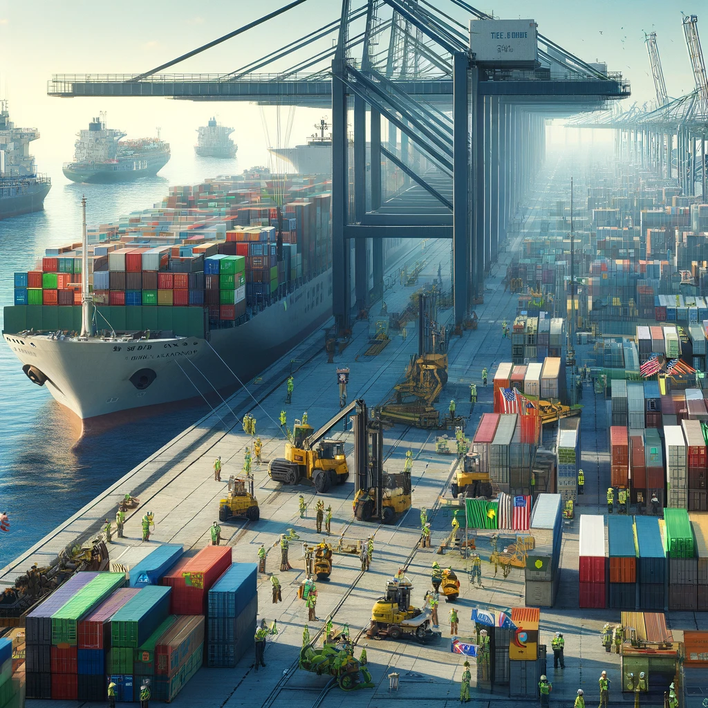 Global trade image depicting a bustling port scene with a focus on global trade. The foreground shows several dock workers.